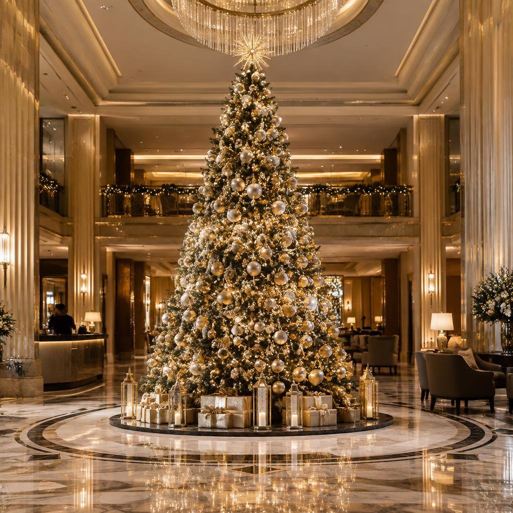 Large illuminated tree in a hotel lobby