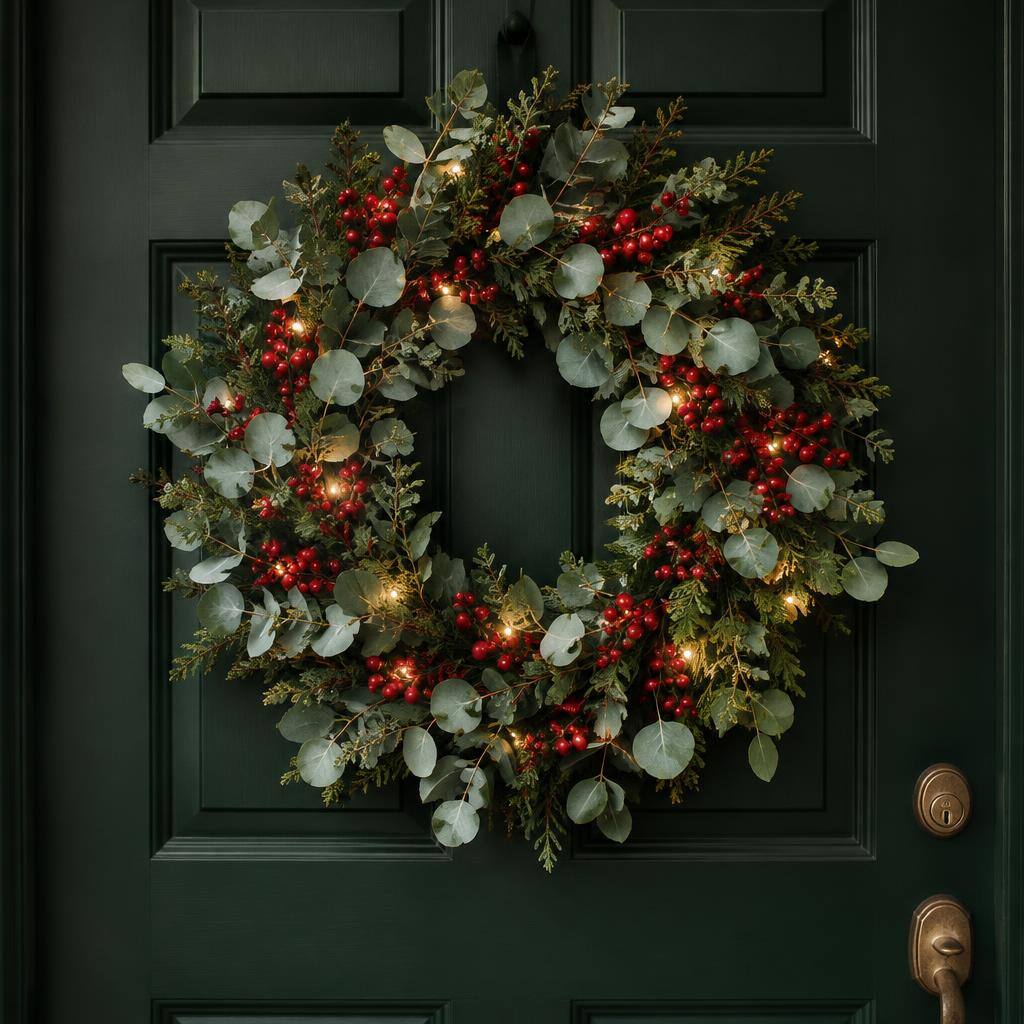 Lit eucalyptus wreath on a green front door